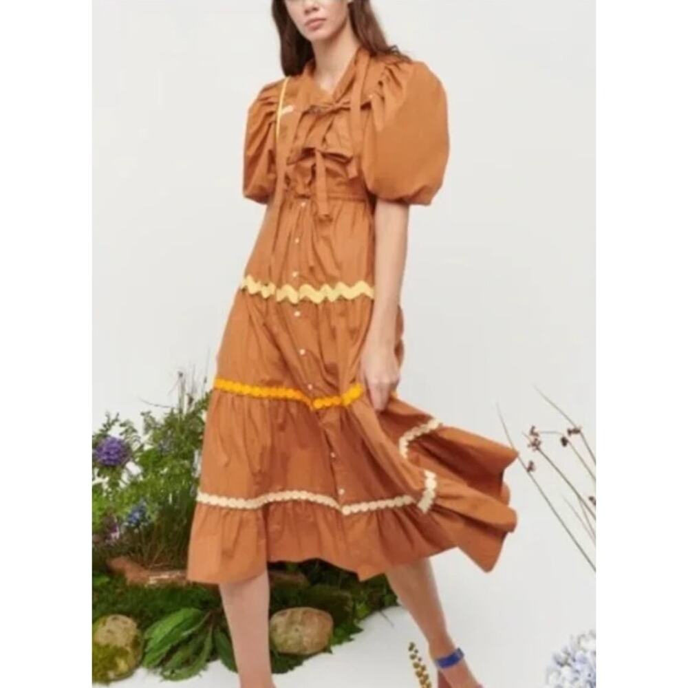 Celia B Tyra Midi Dress Scallop Ruffles Ric Rac Trim Brown Cotton Size XS NWT